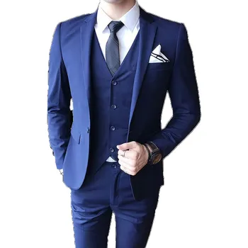 Yeni 2022 Moda Mavi Slim Fit Takım Elbise Erkek Moda 3 Parça İş Blazer Ceket Yelek Pantolon Takım Elbise Seti erkekler için
