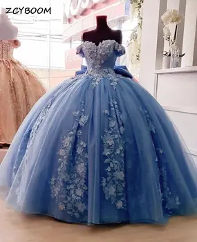 Zarif Mavi Sevgiliye Quinceanera Elbiseler 2022 3D Çiçek Aplikler Parlak Boncuklu Parti Prenses Balo Vestidos De 15 Años
