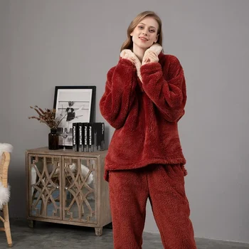 Kadın Pijama Setleri Mercan Polar Kalınlaşmak Gevşek Eşofman Iki Parçalı Kış Sıcak Nedensel Salonu Aşınma Çiftler 2XL