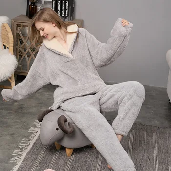 Kadın Pijama Setleri Mercan Polar Kalınlaşmak Gevşek Eşofman Iki Parçalı Kış Sıcak Nedensel Salonu Aşınma Çiftler 2XL 1