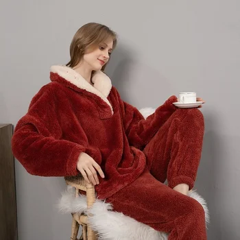 Kadın Pijama Setleri Mercan Polar Kalınlaşmak Gevşek Eşofman Iki Parçalı Kış Sıcak Nedensel Salonu Aşınma Çiftler 2XL 2