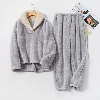 Kadın Pijama Setleri Mercan Polar Kalınlaşmak Gevşek Eşofman Iki Parçalı Kış Sıcak Nedensel Salonu Aşınma Çiftler 2XL 3