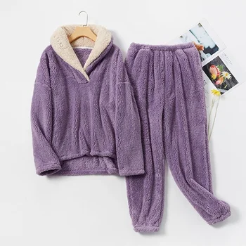 Kadın Pijama Setleri Mercan Polar Kalınlaşmak Gevşek Eşofman Iki Parçalı Kış Sıcak Nedensel Salonu Aşınma Çiftler 2XL 4