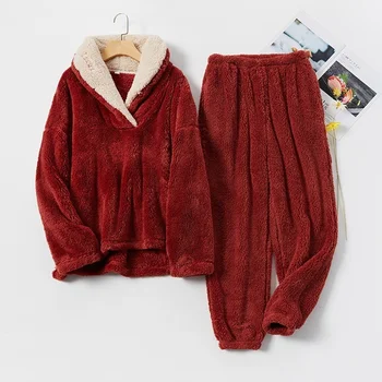 Kadın Pijama Setleri Mercan Polar Kalınlaşmak Gevşek Eşofman Iki Parçalı Kış Sıcak Nedensel Salonu Aşınma Çiftler 2XL 5