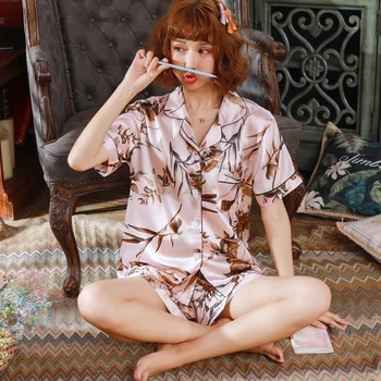 Kadın Pijama Rahat Ev Giyim Baskı Hayvan Saten 2 ADET Pijama Takım Elbise Uyku Seti Yaz Yeni Kıyafeti Samimi İç Çamaşırı