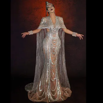 Shining Gümüş Uzun Şal Elbise Kadınlar İçin Festivali Akşam Giyim Sahne Şarkıcı Kostümleri Balo Dans Gerçekleştirmek Giyer