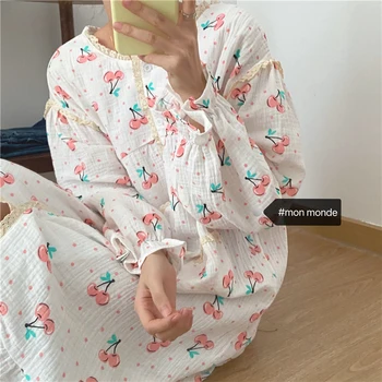 Kiraz Baskı Kawaii Pijama Gecelik Gevşek Kore Rahat Pamuklu Yumuşak Gecelik Kawaii Zarif Kıyafeti Dantel Patchwork Düğmeler