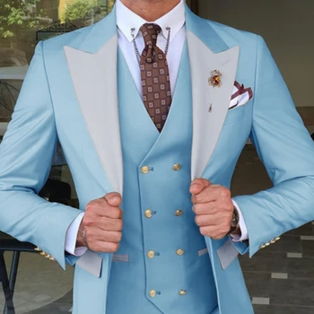 Açık Mavi Damat Smokin erkek Takım Elbise 3 Parça Slim Fit En Iyi Adam Düğün Parti Takımları Tailor Made Custome Homme (Blazer + Yelek + Pantolon )