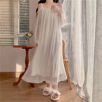 Kadınlar Tatlı Örgü gece elbisesi Peri Seksi Dantel Sabahlık Beyaz Kapalı Omuz Uzun Kollu Pijama Lolita Nighty Victoria Gecelik