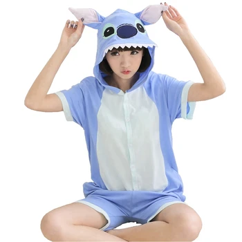 Dikiş Kigurumi Onesie Yetişkin Kadın hayvanlı pijama Kısa Kollu pamuklu pijama Tek Parça Yaz Pijama Cosplay