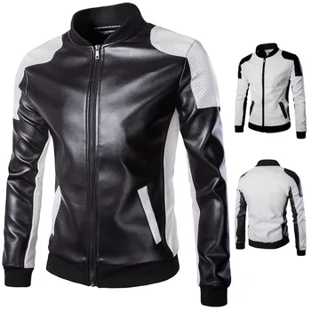 Moda erkek yarış giysileri erkek standı yaka motosiklet deri elbise Sokak siyah ve beyaz renk eşleştirme büyük boy ceket