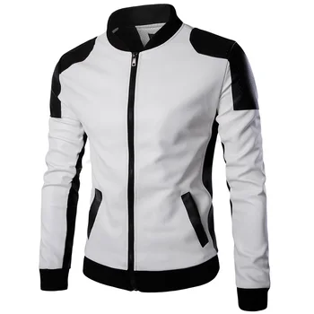 Moda erkek yarış giysileri erkek standı yaka motosiklet deri elbise Sokak siyah ve beyaz renk eşleştirme büyük boy ceket 1