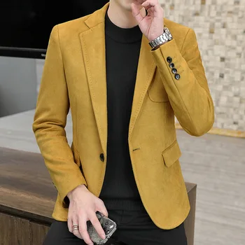 Erkekler Sarı Vintage Takım Elbise Blazer Boy Süet Kumaş Blazers Artı Boyutu 4xl 3xl Rahat Yeşil Düğme Takım Elbise Ceket Erkek Takım Elbise Ceket
