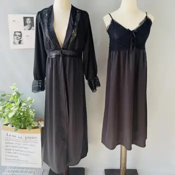 Uzun Kollu Kadın Rahat Pijama Bornoz Elbisesi 2 ADET Kimono Bornoz Seti Samimi Iç Çamaşırı Bordo V Yaka Ev Giyim Kıyafeti 1