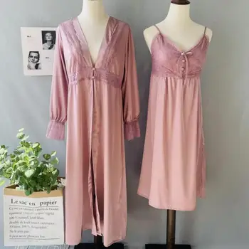 Uzun Kollu Kadın Rahat Pijama Bornoz Elbisesi 2 ADET Kimono Bornoz Seti Samimi Iç Çamaşırı Bordo V Yaka Ev Giyim Kıyafeti 3