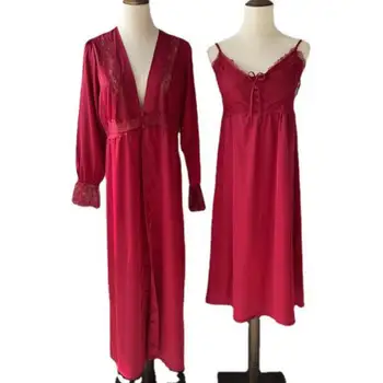 Uzun Kollu Kadın Rahat Pijama Bornoz Elbisesi 2 ADET Kimono Bornoz Seti Samimi Iç Çamaşırı Bordo V Yaka Ev Giyim Kıyafeti 5