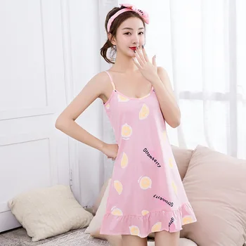 Kadın Kore sevimli kız pamuk spagetti kayışı diz boyu gecelik yaz pijama bayanlar yeni gecelik sleepshirt gece elbisesi