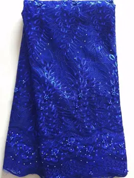 5 Yards / pc sıcak satış kraliyet mavi fransız file dantel nakış afrika örgü dantel boncuklu kumaş elbise için LN1-6