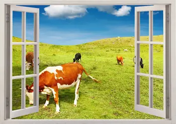 İnekler Duvar sticker dağ 3D pencere, inekler alan duvar çıkartması ev dekor için, renkli inekler duvar sanatı çocuklar için çocuk odası aralık