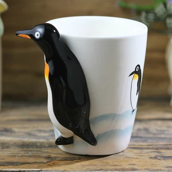 Yaratıcı El-boyalı hayvan seramik fincan Sevimli penguen kahve fincanı 3D karikatür hediye kupa Kişilik kolu Çocuk doğum günü hediyesi 2