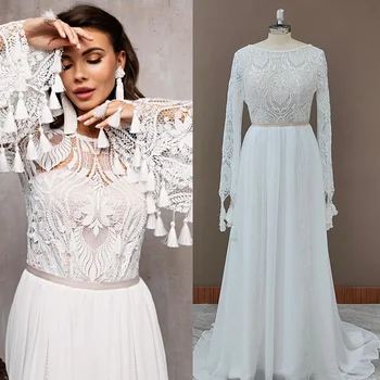 #10127 Sweep Tren Çan Kollu Romantik A-Line düğün elbisesi O-Boyun Bohemian Dantel Şifon Gelin Photoshoot Kıyafeti Custom Made