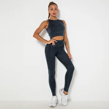 Dikişsiz Yıkanmış Yoga Setleri Spor Spor Yüksek Bel Kalça Yükseltmek Pantolon Güzellik Geri Takım Elbise egzersiz kıyafetleri Spor Tayt Seti Kadınlar için