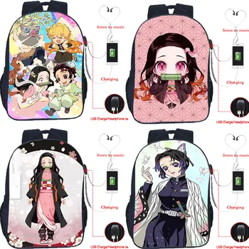 Anime iblis avcısı Nezuko Shinobu Kocho Sırt Çantası Erkek Kız Sevimli Karikatür Sırt Çantası Genç USB Şarj Okul Çantaları seyahat sırt çantaları