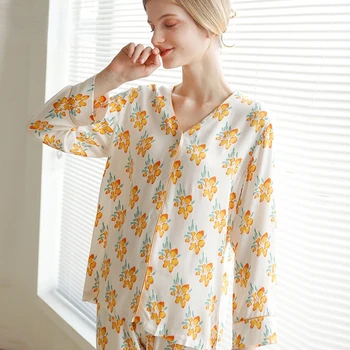 2021 Vintage Baskılı Sarı Krizantem Çiçek Gömlek Pijama Saten Uzun Kollu Pantolon Takım Elbise Viskon V Yaka Ev Giysileri 2 adet
