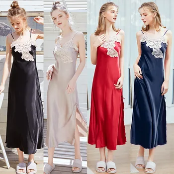 Yeni İpek Pijama bayan Yaz Uzun Ev Giyim Dantel Askı Nedime Elbiseler Düğün Saten Elbise