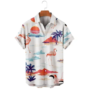 2022 yeni erkek rahat nefes kısa kollu üst moda Yaka erkek gömleği Hawaii plaj Gün Batımı vinç