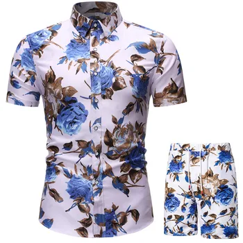 Erkekler 2 Parça Set Yaz Kısa Kollu havai gömleği ve şort takımı Erkekler Çiçek Baskı Plaj Kıyafeti Kurulu Şort Hawaii Gömlek Setleri 3XL