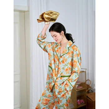 Maison Gabrielle 2021 Güz Yeni Çiçek Baskılı Pijama Seti Loungewear Pijama Kadın Pijama Femme 2 Parça Uzun Kollu Saten 3