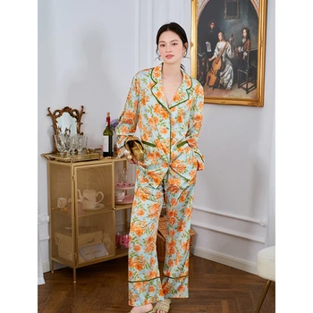 Maison Gabrielle 2021 Güz Yeni Çiçek Baskılı Pijama Seti Loungewear Pijama Kadın Pijama Femme 2 Parça Uzun Kollu Saten 4