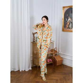 Maison Gabrielle 2021 Güz Yeni Çiçek Baskılı Pijama Seti Loungewear Pijama Kadın Pijama Femme 2 Parça Uzun Kollu Saten 5