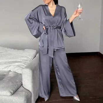 2021 Kadın Elbiseler w/Sashes 2 Parça Set Düz Renk Bilek Uyku Üstleri saten pantolon Gevşek Pijama Rahat Pijama Düz Kadın xSuit