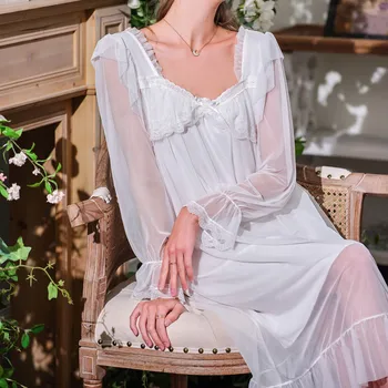 Peri Dantel gece elbisesi Kadın Bahar Beyaz Seksi Örgü Uzun Kollu Sabahlık Victoria Nightgowns Lolita Nightie Prenses Pijama