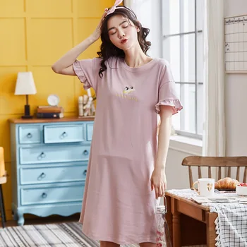 Kadınlar 2019 yaz yeni pamuk kısa kollu bayan gecelik karikatür Kore giyilebilir pijama kadın sleepshirts kadın pijama