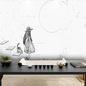 Dekoratif duvar kağıdı Modern basit tarzı yaratıcı soyut kedi ve kız geri şekil arka plan duvar tablosu