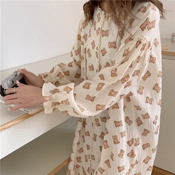 Kawaii Küçük Ayı Sonbahar Gecelik Kadın O-Boyun Uzun Kollu Pamuklu Uzun Pijama Gevşek Karikatür Baskı Gecelik Ev Giysileri