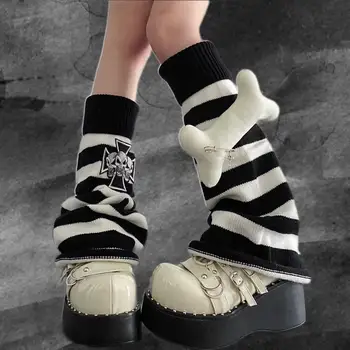 Orijinal el yapımı Japon y2k çizgili sıcak bacak örtüsü İsıtıcı ayak koruyucu Streetwear punk kemik bacak çorap iskelet