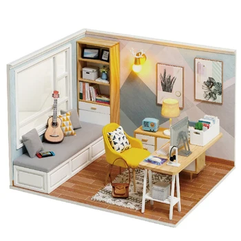 DIY ahşap bebek evi minyatür çalışma odası 1: 32 Mini Casa yapı kitleri Dollhouse mobilya ışıkları oyuncaklar kızlar için hediyeler