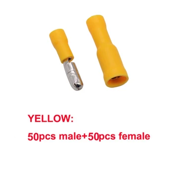 100 adet sarı Erkek Kadın Bullet Konnektör Yalıtım Ortak Sıkma Terminalleri elektrik kablosu Elektrik Fiş Adaptörü FRD MPD 1.25-156