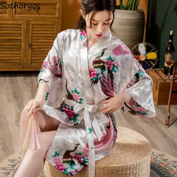 Elbiseler Kadın Tavuskuşu baskı Yaz Nefes V Yaka Zarif Bornoz Şık Yarım Kollu Kimono Elbise Seksi Pijama Ulzzang Mujer