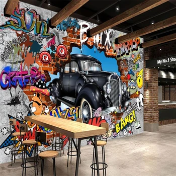 beibehang Duvar Kağıdı Duvar Kağıdı 3D 3D Retro Graffiti Araba Tuğla duvar resmi Arka Plan Duvar papel de parede