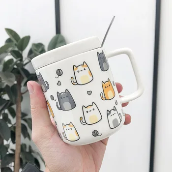 400ML Kişilik yaratıcı kedi seramik fincan karikatür sevimli kapaklı ve kaşıklı basit kupa sanat küçük taze kahve kupa