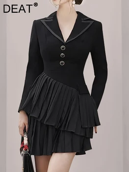 DEAT Moda kadın Elbise Noteched Yaka İnce Uzun Kollu Yüksek Bel Düzensiz Kat Siyah Elbiseler Sonbahar 2023 Yeni 17A4651