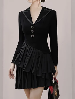 DEAT Moda kadın Elbise Noteched Yaka İnce Uzun Kollu Yüksek Bel Düzensiz Kat Siyah Elbiseler Sonbahar 2023 Yeni 17A4651 1