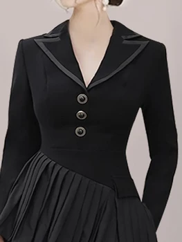 DEAT Moda kadın Elbise Noteched Yaka İnce Uzun Kollu Yüksek Bel Düzensiz Kat Siyah Elbiseler Sonbahar 2023 Yeni 17A4651 2