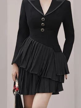 DEAT Moda kadın Elbise Noteched Yaka İnce Uzun Kollu Yüksek Bel Düzensiz Kat Siyah Elbiseler Sonbahar 2023 Yeni 17A4651 3