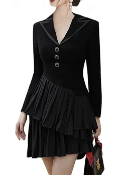 DEAT Moda kadın Elbise Noteched Yaka İnce Uzun Kollu Yüksek Bel Düzensiz Kat Siyah Elbiseler Sonbahar 2023 Yeni 17A4651 4